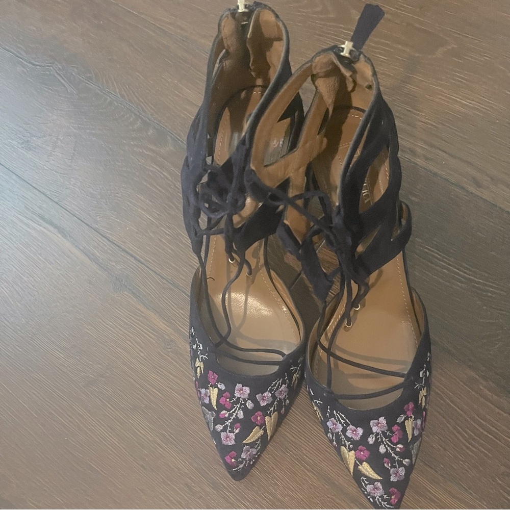 Aquazzura Firenze Suede Floral Pumps 9.5 Navy Purple